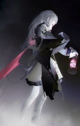 Rule 34 | 1girl, arknights, black dress, cape, commentary, dress, earrings, feet out of frame, fog, from side, grey hair, highres, holding, holding lantern, irene (arknights), jewelry, lantern, long hair, long sleeves, lyooo 6, pantyhose, profile, solo, torn cape, torn clothes, two-tone dress, very long hair, white dress, white pantyhose