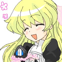 Rule 34 | 00s, 1girl, :d, ^ ^, blonde hair, blush, closed eyes, closed eyes, food, gloves, holding, long sleeves, lowres, media (pani poni), onigiri, open mouth, pani poni dash!, pink gloves, puffy long sleeves, puffy sleeves, smile, solo