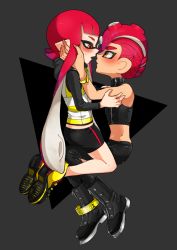 Rule 34 | 1boy, 1girl, agent 3 (splatoon), agent 8 (splatoon), anklet, asymmetrical sleeves, bike shorts, black footwear, black jacket, black pants, black shirt, black shorts, blunt bangs, blush, boots, brown eyes, commentary, dark-skinned male, dark skin, english commentary, half-closed eyes, hands on another&#039;s face, hetero, inkling, inkling girl, inkling player character, invisible chair, jacket, jewelry, kneeling, long hair, long sleeves, looking at another, midriff, nintendo, octoling, octoling boy, octoling player character, pants, red hair, shirt, shoes, shorts, single vertical stripe, sitting, splatoon (series), splatoon 2, splatoon 2: octo expansion, squidbeak splatoon, straddling, suction cups, sweat, tentacle hair, uneven sleeves, vest, yellow footwear, yellow vest, yeneny