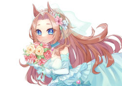 Rule 34 | 1girl, absurdres, animal ears, bare shoulders, blue eyes, blush, bouquet, breasts, bridal veil, brooch, brown hair, choker, cleavage, closed mouth, collarbone, commentary request, dress, ear ornament, elbow gloves, flower, frilled dress, frills, gloves, green choker, green dress, hair flower, hair ornament, highres, holding, holding bouquet, horse ears, horse girl, ikanago, jewelry, kawakami princess (bride-to-be!!) (umamusume), kawakami princess (umamusume), large breasts, long hair, looking at viewer, parted bangs, puffy dress, ribbon, sidelocks, simple background, smile, solo, standing, strapless, strapless dress, tiara, umamusume, upper body, veil, wedding dress, white background, wrist ribbon