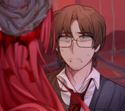 Rule 34 | 1boy, 1girl, blood, blood in hair, brown hair, chinese commentary, collared shirt, colored eyelashes, commentary request, glasses, gregor (project moon), grey vest, highres, limbus company, long hair, low ponytail, mature male, necktie, orange eyes, project moon, rectangular eyewear, red hair, red necktie, shirt, side ponytail, souyizhe, spoilers, sweat, vest, white shirt, yuri (project moon)