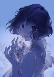 Rule 34 | 1girl, ajimita, blue theme, cherry blossoms, coughing flowers, crying, crying with eyes open, dark, dress, film grain, from side, hands up, lipstick, looking at viewer, looking back, makeup, original, petals, short hair, sleeveless, sleeveless dress, solo, tears, twitter username, upper body, wavy hair, wind
