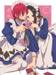Rule 34 | ..., 2boys, ;), apron, black eyes, black hair, blue dress, border, card, crossdressing, dress, facial mark, feet out of frame, fingernails, frilled dress, frills, hair down, hand on another&#039;s shoulder, heart, heart hands, highres, hisoka morow, hunter x hunter, illumi zoldyck, joker (playing card), long hair, looking at viewer, maid, maid apron, maid headdress, male focus, male maid, multiple boys, one eye closed, pink background, playing card, red hair, short hair, sitting, smile, speech bubble, thicopoyo, white border, yellow eyes