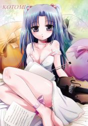 Rule 34 | 00s, 1girl, arino hiroshi, barefoot, blue eyes, blue hair, blush, breasts, clannad, cleavage, dress, hair bobbles, hair ornament, highres, ichinose kotomi, instrument, large breasts, long hair, matching hair/eyes, solo, twintails, two side up, violin
