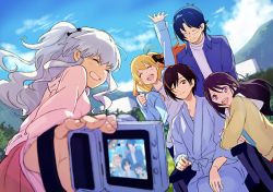 Rule 34 | 10s, 2boys, 3girls, :d, ^ ^, bad id, bad pixiv id, black hair, blonde hair, blue hair, blue jacket, blue sky, brown eyes, camcorder, charlotte (anime), clenched hand, closed eyes, crossed arms, day, facing viewer, foreshortening, glasses, grin, hair ribbon, hand on lap, hill, holding, hospital gown, ichinose777, jacket, long hair, long sleeves, looking at viewer, multiple boys, multiple girls, nishimori yusa, one eye closed, open clothes, open jacket, open mouth, otosaka ayumi, otosaka yuu, outdoors, outstretched arm, outstretched hand, purple eyes, recording, ribbon, robe, selfie, short hair, silver hair, sitting, sky, smile, standing, sweater, takajou joujirou, tomori nao, two side up, video camera, waving, wheelchair