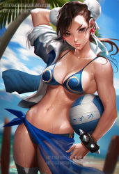 Rule 34 | 1girl, adapted costume, arm behind head, arm up, artist name, ball, bare shoulders, beach, bikini, blue bikini, blue sky, bracelet, breasts, brown eyes, brown hair, bun cover, capcom, chromatic aberration, chun-li, cleavage, coconut tree, collarbone, day, double bun, dutch angle, earrings, hair bun, holding, holding ball, jacket, jewelry, looking at viewer, medium breasts, navel, ocean, outdoors, palm tree, sakimichan, sarong, see-through, short hair, sideboob, sky, solo, spiked bracelet, spikes, standing, stomach, street fighter, sunlight, swimsuit, thighhighs, tree, volleyball (object), water, water drop, watermark, web address, wet