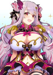 Rule 34 | 1girl, :d, ascot, black ascot, blush, bow, braid, breasts, brown eyes, chest bow, cleavage, commentary, cowboy shot, epaulettes, flower, frilled skirt, frills, garter straps, hair flower, hair ornament, highres, indie virtual youtuber, jyaco, large breasts, long hair, looking at viewer, medium bangs, miniskirt, multicolored hair, navel, open clothes, open mouth, open vest, pink bow, pink brooch, pink flower, pink hair, pink rose, pointy ears, pom pom (clothes), purple hair, purple vest, rose, simple background, skirt, smile, solo, streaked hair, suou patra, very long hair, vest, virtual youtuber, white background