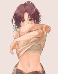 Rule 34 | 1girl, ahoge, asakura toru, beige background, black hair, blue eyes, bra, brown hair, clothes lift, covered mouth, cowboy shot, earrings, gradient hair, highres, idolmaster, idolmaster shiny colors, jewelry, lace, lace-trimmed bra, lace-trimmed panties, lace trim, looking at viewer, midriff, multicolored hair, navel, open clothes, open skirt, panties, parted bangs, pleated skirt, shirt lift, short hair, simple background, skirt, solo, stomach, tanupon, underwear
