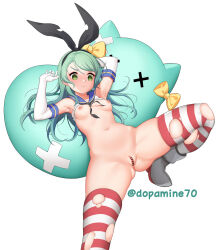 Rule 34 | 1girl, armpits, arms up, ass, bang dream!, bar censor, blush, breasts, breasts out, censored, commentary request, cosplay, detached sleeves, dopamine70, elbow gloves, gloves, green eyes, green hair, hairband, highres, hikawa sayo, kantai collection, long hair, lying, navel, nipples, nude, on back, paid reward available, pussy, sailor collar, shimakaze (kancolle), shimakaze (kancolle) (cosplay), simple background, skindentation, sleeveless, small breasts, solo, spread legs, striped clothes, striped thighhighs, thighhighs, torn clothes, torn thighhighs, wavy mouth, white background, white gloves, x x