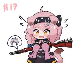 Rule 34 | 2girls, ahoge, animal ears, arknights, black hairband, black jacket, black skirt, blue archive, blue bow, blush, bolt action, bow, braid, brown eyes, cat ears, cat girl, cat tail, chibi, commentary, dark-skinned female, dark skin, english commentary, flying sweatdrops, goldenglow (arknights), grey hair, gun, hair bow, hair over one eye, hairband, high-waist skirt, holding, holding gun, holding weapon, iori (blue archive), jacket, kurotofu, lightning bolt symbol, long sleeves, mauser 98, multiple girls, open clothes, open jacket, open mouth, pink hair, puffy long sleeves, puffy sleeves, red eyes, rifle, shirt, simple background, single braid, skirt, speech bubble, tail, twintails, voice actor connection, wavy mouth, weapon, white background, white shirt