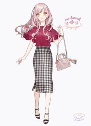 Rule 34 | 1girl, 2018, ankle strap, artist name, bad id, bad pixiv id, bag, bracelet, brown eyes, dated, full body, grey background, hand up, holding, holding bag, jewelry, july, long hair, long skirt, nail polish, necklace, original, pink hair, plaid, plaid skirt, red nails, red shirt, ring, sandals, shirt, shoulder bag, side slit, signature, simple background, skirt, smile, solo, thumb ring, toenail polish, toenails, walking, yua (tick-tack)