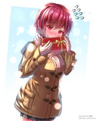 Rule 34 | 1girl, absurdres, artist name, blush, brown coat, coat, flying sweatdrops, gift, gloves, gradient background, highres, holding, holding gift, looking at viewer, medium hair, original, outdoors, red eyes, red hair, robo robotarou, scarf, simple background, skirt, standing, valentine, visible air