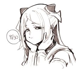 Rule 34 | 1girl, assault lily, blush, choker, closed mouth, cropped arms, cropped torso, dated, detached sleeves, greyscale, hairpods, half-closed eyes, hands on own cheeks, hands on own face, hands up, head rest, heterochromia, highres, long hair, long sleeves, looking at viewer, monochrome, nu2 (nunonijou), parted bangs, portrait, sailor collar, shiba tomoshibi, shirt, simple background, sketch, sleeveless, sleeveless shirt, smirk, solo, speech bubble, spoken number, white background