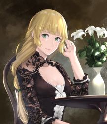 Rule 34 | 1girl, alternate costume, black dress, blonde hair, blunt bangs, breasts, center frills, cleavage, cleavage cutout, closed mouth, clothing cutout, collarbone, commentary, dress, english commentary, fire emblem, fire emblem: three houses, flower, frilled dress, frilled sleeves, frills, green eyes, hand up, ingrid brandl galatea, j@ck, long hair, long sleeves, looking at viewer, medium breasts, nintendo, pink lips, signature, smile, solo, vase, white flower