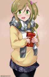 Rule 34 | 1girl, blonde hair, cardigan, fang, gift, green eyes, hair bobbles, hair ornament, inuyama aoi, long hair, open mouth, pantyhose, scarf, simple background, skin fang, skirt, solo, tasora, thick eyebrows, yurucamp