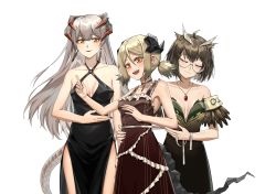 Rule 34 | 3girls, :d, absurdres, ahoge, alternate costume, antutu, arknights, bare arms, bare shoulders, black choker, black dress, black hair, blonde hair, chinese commentary, choker, closed eyes, commentary request, cowboy shot, criss-cross halter, dress, earrings, glasses, halterneck, head tilt, highres, horns, ifrit (arknights), jewelry, long hair, low twintails, multiple girls, nail polish, off-shoulder dress, off shoulder, open mouth, pendant, red lips, red nails, rhine lab logo, round eyewear, saria (arknights), short hair, side slit, silence (arknights), silver hair, simple background, sleeveless, sleeveless dress, smile, standing, tail, tape measure, transparent background, twintails, very long hair, white background, yellow eyes