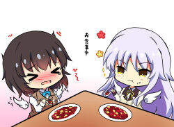 Rule 34 | &gt; &lt;, 2girls, :t, angel beats!, angel wings, aoi erika, black hair, blush, bright pupils, brown vest, chibi, chibi only, closed mouth, commentary request, eating, food, food on face, frown, hair between eyes, heaven burns red, highres, holding, holding spoon, jacket, long hair, long sleeves, mapo tofu, multiple girls, neck ribbon, nose blush, open mouth, ribbon, school uniform, sekibaracheice, shirt, short hair, simple background, sound effects, sparkle, spoon, table, tears, tenshi (angel beats!), twitching, upper body, vest, white background, white hair, white pupils, white shirt, wings, yellow eyes, yellow jacket, yellow ribbon
