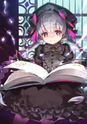 Rule 34 | 1girl, black dress, book, bow, bowtie, braid, closed mouth, cowboy shot, cura, dress, fate/extra, fate/grand order, fate (series), frilled dress, frills, gothic lolita, grey bow, grey bowtie, hat, holding, holding book, juliet sleeves, lolita fashion, long hair, long sleeves, magic, nursery rhyme (fate), open book, puffy sleeves, purple eyes, silver hair, smile, solo, twin braids, very long hair, window