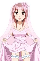 Rule 34 | 1girl, absurdres, blush, breasts, brown eyes, brown hair, cleavage, dress, flower, hair flower, hair ornament, highres, long hair, looking at viewer, medium breasts, minna-dietlinde wilcke, open mouth, simple background, sitekisyugi, smile, solo, strike witches, wedding dress, white background, world witches series