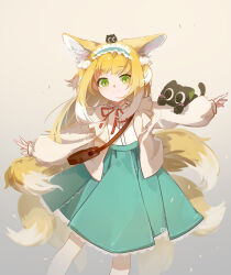 Rule 34 | 1girl, absurdres, animal ear fluff, animal ears, arknights, bag, balancing, black cat, blonde hair, blue hairband, blue skirt, brown bag, cardigan, cat, chinese commentary, closed mouth, commentary request, creature on head, feet out of frame, fox ears, fox girl, fox tail, frilled hairband, frills, green eyes, hair ornament, hair scrunchie, hairband, heixiu, highres, kitsune, kyuubi, light brown background, long hair, long sleeves, luo xiaohei, luo xiaohei zhanji, multicolored hair, multiple tails, neck ribbon, official alternate costume, on head, open cardigan, open clothes, outstretched arms, puffy long sleeves, puffy sleeves, red ribbon, ribbon, scrunchie, shirt, shoulder bag, sidelocks, simple background, skirt, sleeve cuffs, sleeves past wrists, solo, spread arms, suzuran (arknights), suzuran (spring praise) (arknights), tail, two-tone hair, very long hair, white hair, white shirt, yellow cardigan, yuany (1586313587)