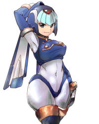 Rule 34 | 1girl, android, arm behind head, arm over head, armpits, bodysuit, bracelet, breasts, byte (grunty-hag1), capcom, covered navel, gloves, hand on own head, helmet, jewelry, large breasts, fairy leviathan (mega man), looking at viewer, mega man (series), mega man zero (series), navel, simple background, skin tight, smile, solo, solo focus, tight clothes, white background, white gloves, wide hips