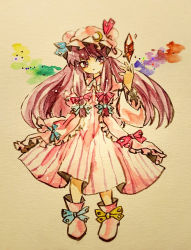 Rule 34 | 1girl, blue bow, blunt bangs, bow, coat, crescent, crescent hat ornament, double bun, dress, footwear bow, full body, hair bow, hair bun, hat, hat bow, hat ornament, key747h, long hair, long sleeves, looking at object, mob cap, painting (medium), paper texture, parted lips, patchouli knowledge, purple coat, purple dress, purple eyes, purple hair, purple hat, rainbow order, red bow, red ribbon, ribbon, shoes, sidelocks, solo, standing, striped clothes, striped dress, touhou, traditional media, vertical-striped clothes, vertical-striped dress, very long hair, watercolor (medium), wide sleeves