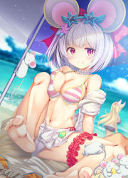 Rule 34 | 2girls, animal ears, beach, bow, breasts, cleavage, collarbone, commentary request, granblue fantasy, hair bow, highres, kumbhira (granblue fantasy), large breasts, looking at viewer, matsunami rumi, medium breasts, mouse (animal), mouse ears, multiple girls, navel, red eyes, silver hair, smile, spread legs, star-shaped eyewear, star (symbol), swimsuit, vikala (granblue fantasy)