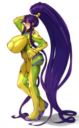 Rule 34 | 1girl, adapted costume, ass, big hair, bodysuit, breasts, crossover, eiken, from above, high ponytail, highres, huge breasts, impossible bodysuit, impossible clothes, keigi, long hair, misono kirika, neon genesis evangelion, plugsuit, ponytail, purple eyes, skin tight, smile, solo, very long hair