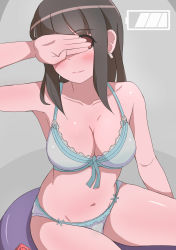 Rule 34 | 1girl, absurdres, bad id, bad pixiv id, bare arms, bare shoulders, blush, bow, bow panties, bra, breasts, brown eyes, brown hair, cleavage, closed mouth, collarbone, condom, condom wrapper, covering own eyes, grey background, highres, long hair, medium breasts, navel, original, panties, sidelocks, sitting, solo, surio, underwear, underwear only, white bra, white panties