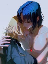 Rule 34 | 1boy, 1girl, athrun zala, blonde hair, blue hair, bob cut, cagalli yula athha, closed eyes, closed mouth, couple, covering with clothes, curly hair, flirting, gundam, gundam seed, gundam seed destiny, gundam seed freedom, highres, hug, inhouhou, jacket, jewelry, necklace, nude, pale skin, parted bangs, shaded face, shadow, short hair, sleeping, sleeping on person, topless male, upper body, water drop