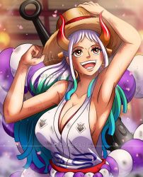 Rule 34 | 1girl, breasts, brown eyes, ear piercing, female focus, gradient hair, hat, highres, holding, horns, long hair, looking at viewer, medium breasts, multicolored hair, one piece, open mouth, piercing, ponytail, rakara11 (rakkarts), smile, solo, weapon, yamato (one piece)