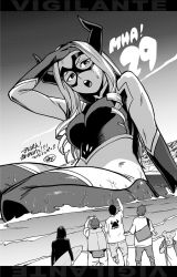 Rule 34 | betten court, bodysuit, boku no hero academia, breasts, giant, giantess, highres, horns, looking at another, monochrome, mount lady, open mouth, partially submerged, small breasts, solo focus, water