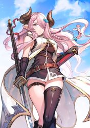 Rule 34 | 1girl, bare shoulders, belt, belt buckle, braid, breasts, buckle, cloud, day, feet out of frame, gloves, granblue fantasy, hair between eyes, holding, holding weapon, horns, kingyo 114, large breasts, long hair, looking at viewer, narmaya (granblue fantasy), outdoors, pink hair, pointy ears, single thighhigh, sky, solo, standing, thighhighs, weapon