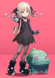 Rule 34 | 1girl, ankle boots, aqua nails, backpack, bag, black choker, black dress, black footwear, black jacket, black ribbon, blush stickers, boots, bracelet, bulbasaur, choker, commentary request, cosplay, creatures (company), crossover, dress, fingerless gloves, fishnet pantyhose, fishnets, flat chest, full body, game freak, gen 1 pokemon, gloves, grey hair, hair ribbon, highres, holding, holding poke ball, jacket, jewelry, leather, leather jacket, long hair, makaino ririmu, marnie (pokemon), marnie (pokemon) (cosplay), multicolored hair, nail polish, nijisanji, nintendo, open clothes, open jacket, pantyhose, pink background, pink bag, pink hair, pointing, pointy ears, poke ball, poke ball (basic), pokemon, pokemon swsh, red eyes, ribbon, sabamen, smile, spiked bracelet, spikes, twintails, two-tone hair, virtual youtuber