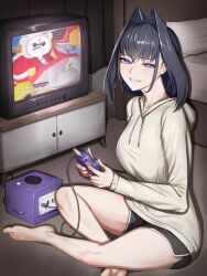 Rule 34 | 1girl, absurdres, barefoot, black shorts, blue eyes, blue hair, breasts, dr. eggman, game console, gamecube, gamecube controller, grey hoodie, highres, hololive, hololive english, hood, hoodie, large breasts, long hair, looking at viewer, ouro kronii, short shorts, shorts, smile, solo, sonic (series), television, virtual youtuber, zenya