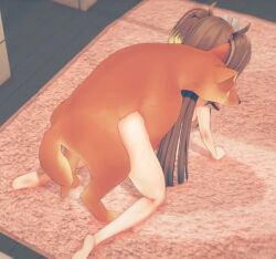 Rule 34 | 1girl, 3d, all fours, animated, ass, bestiality, breasts, brown hair, dog, doggystyle, from above, from behind, full body, koikatsu (medium), long hair, looping animation, lowres, momosu (artist), on floor, orange fur, rug, sex, sex from behind, shiba inu, small breasts, source request, tagme, twintails, video