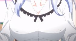 Rule 34 | 1girl, animated, animated gif, blue hair, bouncing breasts, breast focus, breasts, breasts out, clothes lift, collarbone, covered erect nipples, kaho (onaho kyoushitsu), large breasts, long sleeves, nipples, no bra, onaho kyoushitsu ~joshi zenin ninshin keikaku~, shirt, shirt lift, underboob, white shirt