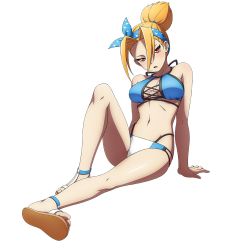 Rule 34 | 1girl, armor, artist request, blonde hair, blue one-piece swimsuit, blue ribbon, blush, breasts, expressionless, eyelashes, female focus, headband, medium breasts, ninja, official art, one-piece swimsuit, overlord (maruyama), ponytail, red eyes, ribbon, short ponytail, simple background, sitting, solo, swimsuit, thighs, tia (overlord), weapon