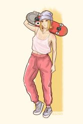 Rule 34 | 1girl, absurdres, artist name, beanie, blonde hair, breasts, camisole, chainsaw man, commentary, covered erect nipples, english commentary, full body, hat, highres, holding, holding skateboard, inigoiio, no bra, pants, red eyes, sawatari akane (chainsaw man), see-through, shoes, skateboard, slit pupils, small breasts, sneakers, solo, spaghetti strap, track pants, white camisole