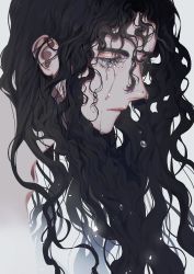 Rule 34 | 1508 1508, 1girl, absurdres, black hair, blue eyes, closed mouth, collarbone, crying, from side, grey background, hair behind ear, hair between eyes, half-closed eyes, highres, light particles, lips, long hair, looking away, looking down, mole, mole on nose, original, portrait, profile, redrawn, sad, simple background, solo, streaming tears, tears