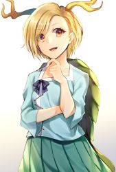 Rule 34 | 1girl, antlers, blonde hair, blue shirt, collarbone, dragon horns, dragon tail, gradient background, green skirt, highres, horns, kaede (mmkeyy), kicchou yachie, long sleeves, open mouth, orange eyes, pleated skirt, shirt, short hair, skirt, smile, solo, tail, touhou, turtle shell, upper body, white background