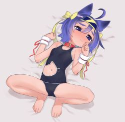 Rule 34 | 1girl, bare legs, bare shoulders, barefoot, bed sheet, black one-piece swimsuit, blue eyes, blue hair, blush, bow, breasts, cat cutout, clothing cutout, collar, commentary request, full body, hair between eyes, hair bow, hairband, hands up, highres, navel, one-piece swimsuit, original, owasaki, red collar, small breasts, solo, stomach cutout, swimsuit, thick eyebrows, yellow bow