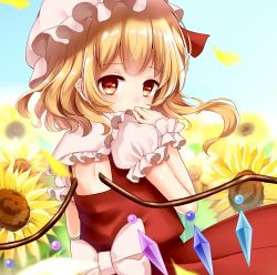 Rule 34 | 1girl, blonde hair, commentary, covering own mouth, crystal, flandre scarlet, flower, from behind, hat, highres, looking at viewer, looking back, mob cap, mumu-crown, red eyes, scrunchie, solo, sunflower, touhou, upper body, wings, wrist scrunchie