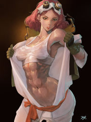Rule 34 | 10s, 1girl, 21yc (september breeze), abs, armpits, bare shoulders, breasts, brown gloves, cleavage, contrapposto, cowboy shot, female focus, female pubic hair, gloves, goggles, goggles on head, green eyes, green gloves, highres, koutetsujou no kabaneri, large breasts, looking down, midriff, muscular, muscular female, navel, open clothes, parted lips, pink hair, pink lips, pubic hair, see-through, shirt, short hair, sleeveless, solo, standing, steampunk, stomach, tank top, teeth, toned, water, water drop, wet, white shirt, yellow eyes, yukina (kabaneri)