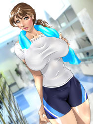 Rule 34 | 1girl, bike shorts, blue towel, blurry, blurry background, blush, bra, breasts, breasts apart, brown hair, cowboy shot, female focus, groin, hand up, hip focus, indoors, large breasts, legs, legs together, lipstick, long hair, looking at viewer, low ponytail, makeup, nightmare express, original, parted lips, ponytail, red lips, see-through, shirt, solo, standing, thighs, towel, towel around neck, underwear, white eyes, white shirt