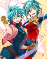 Rule 34 | 2girls, :d, ;d, allenby beardsley, antenna hair, aqua hair, armor, armpits, belt, belt skirt, blue bodysuit, blue hair, bodysuit, bow, bowtie, breasts, brooch, clenched hands, colored eyelashes, covered navel, cowboy shot, dual persona, female focus, from side, g gundam, gloves, gradient background, green eyes, gundam, jewelry, light rays, looking at viewer, mobile trace suit, multicolored clothes, multiple girls, necklace, one eye closed, open clothes, open mouth, open vest, outstretched arms, pauldrons, pendant, petals, pilot suit, rinnagi, short hair, shoulder armor, sidelocks, smile, spiked hair, spread arms, teeth, thigh gap, transparent, turtleneck, unitard, vest, yellow background, yellow gloves