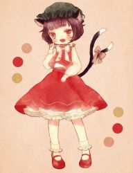 Rule 34 | 1girl, animal ears, bad id, bad twitter id, bloomers, blush, bow, brown eyes, brown hair, cat ears, cat tail, chen, earrings, fang, full body, hat, jewelry, long sleeves, looking at viewer, mary janes, mob cap, multiple tails, open mouth, ribbon, shirt, shoes, short hair, simple background, skirt, skirt set, smile, socks, solo, tail, tail ornament, tail ribbon, touhou, turtleneck, underwear, vest, white socks, yujup