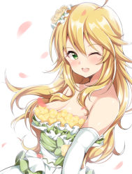 Rule 34 | 1girl, ;d, blonde hair, blush, bow, breasts, cleavage, collarbone, dress, elbow gloves, floating hair, flower, gloves, green bow, green eyes, green ribbon, hair flower, hair ornament, hoshii miki, idolmaster, idolmaster (classic), idolmaster million live!, idolmaster million live! theater days, jiino, long hair, looking at viewer, medium breasts, one eye closed, open mouth, petals, ribbon, rose, simple background, sleeveless, sleeveless dress, smile, solo, strapless, strapless dress, upper body, very long hair, wedding dress, white background, white dress, white gloves, yellow flower, yellow rose