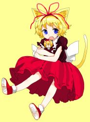 Rule 34 | 1girl, animal ears, blonde hair, blue eyes, bubble skirt, cat ears, cat girl, cat tail, fang, female focus, han (jackpot), highres, kemonomimi mode, medicine melancholy, open mouth, ribbon, short hair, skirt, solo, su-san, tail, touhou, yellow background