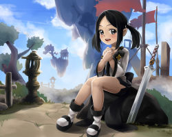 Rule 34 | 1girl, black eyes, black hair, black skirt, blade &amp; soul, boots, day, flag, highres, jin seoyeon, long hair, okamin, open mouth, outdoors, own hands together, shirt, sitting, skirt, smile, solo, sword, tree, twintails, weapon, white shirt